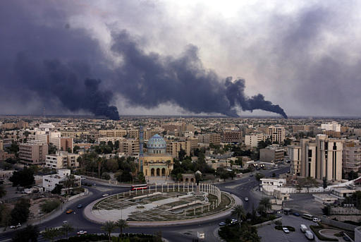 Southern horizon of Baghdad as the Iraqis set fire to oil-filled trenches in an effort block the visibility of American warplanes, March 22, 2003.